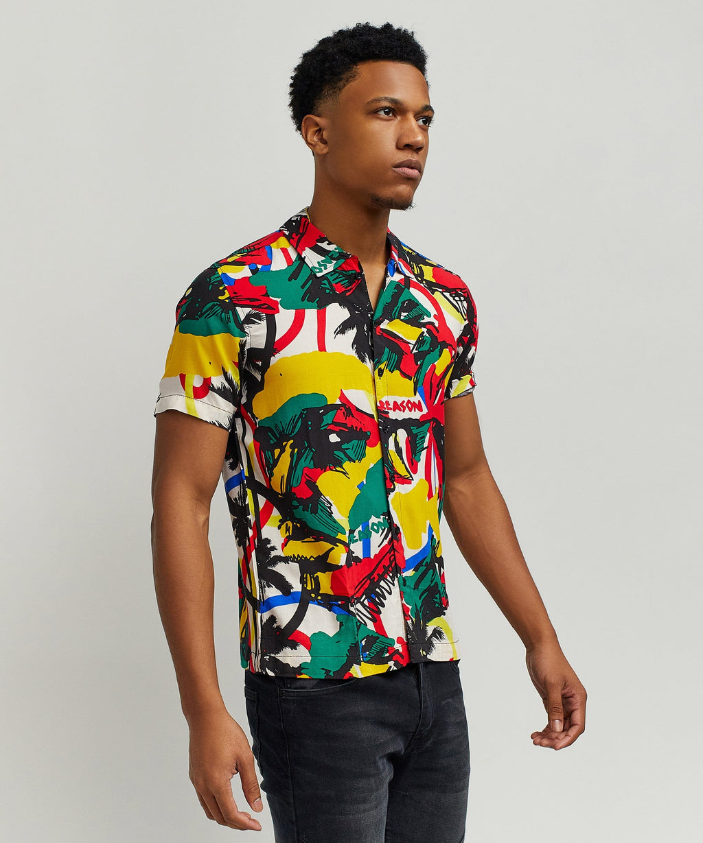 Abstract Viscose Button-Down Short Sleeve Shirt - Multicolor