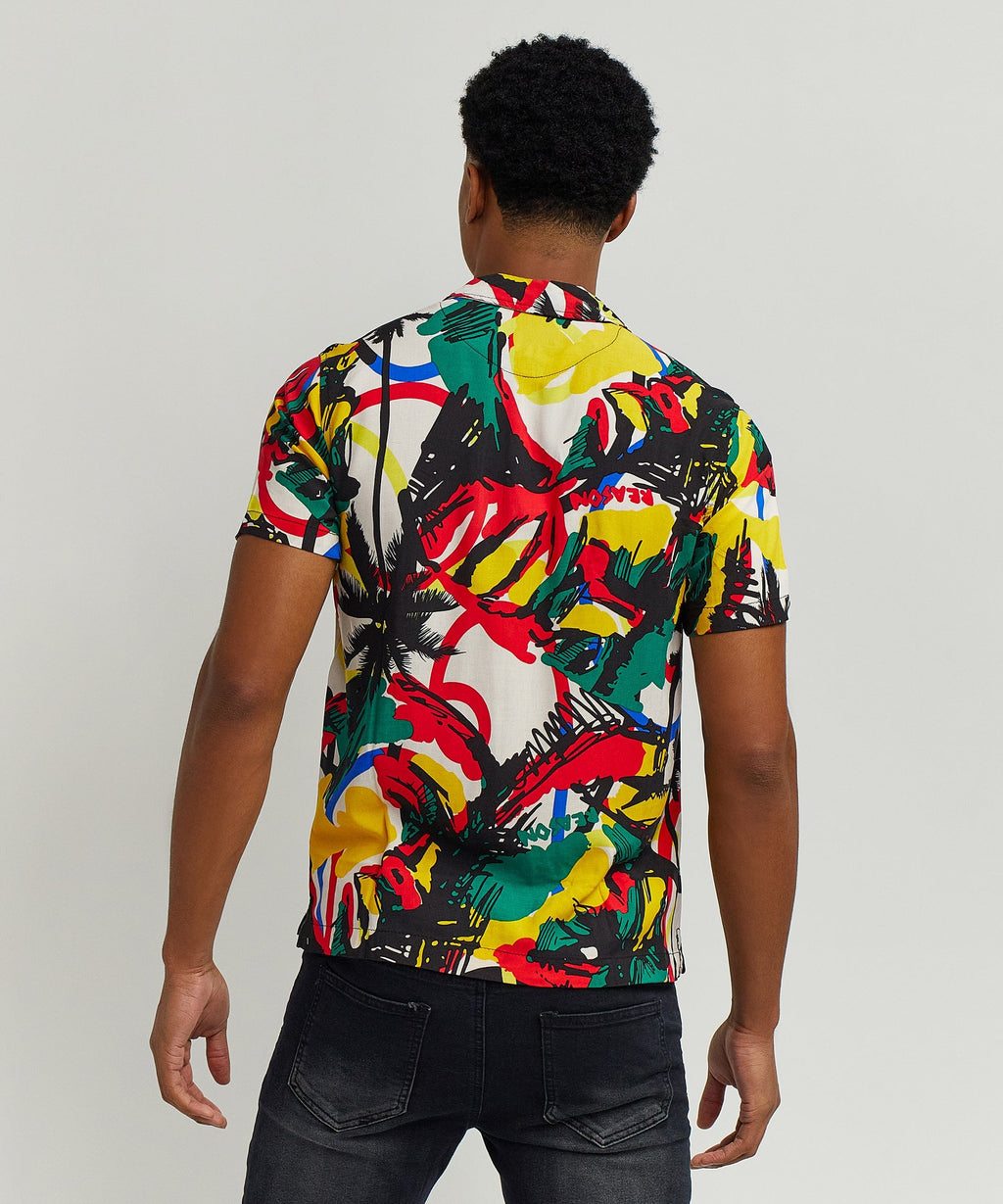 Abstract Viscose Button-Down Short Sleeve Shirt - Multicolor